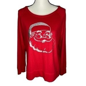 Modern Canvas Top Red with Silver Santa Graphic Scoop Neck Long Sleeve Size L